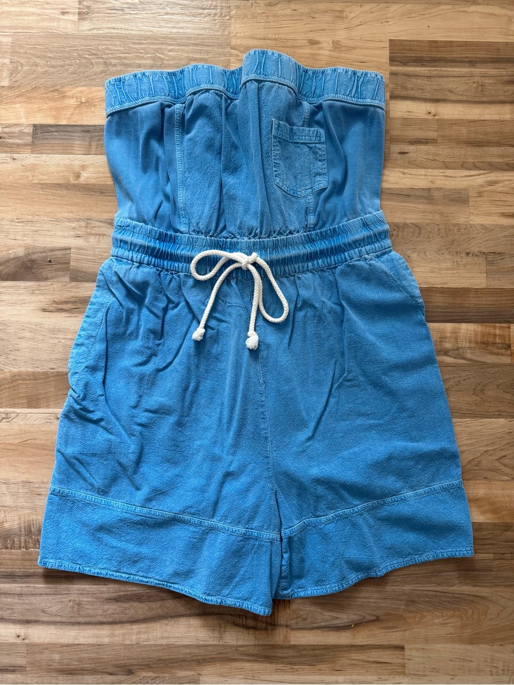Blue Strapless Romper with Drawstring